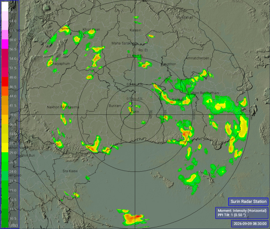 ภาพเรดาร์ฝนความละเอียดสูง รัศมี 240  กิโลเมตร เรดาร์สุรินทร์